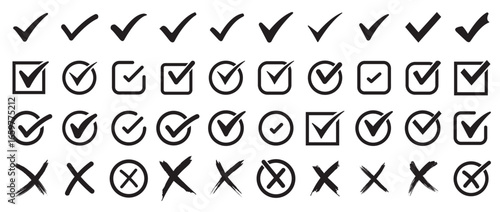 Collection of check marks and cross icons in black, green, and red, featuring approval ticks, rejection crosses, validation boxes, and decision symbols for UI, apps, and business projects.