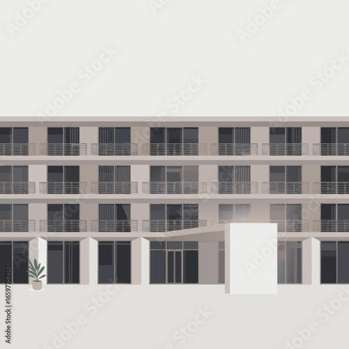 Modern MultiStory Apartment Building with Balconies and Ground Floor Entrance.