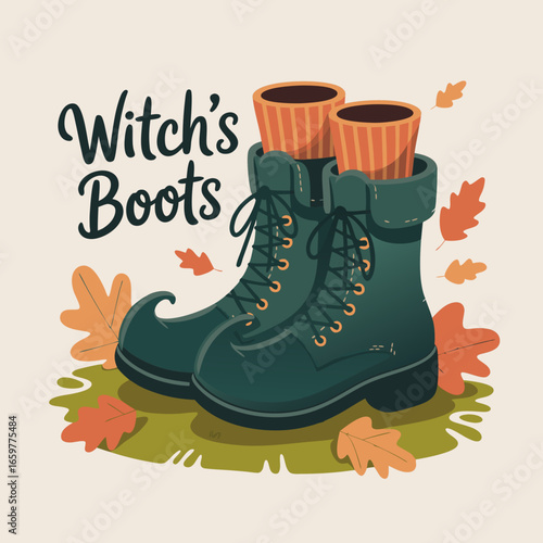 Pair of Witchs Boots with Orange Striped Socks.
