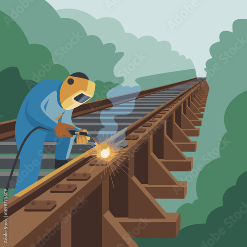 Railroad Worker Welding Track on a Bridge Structure.