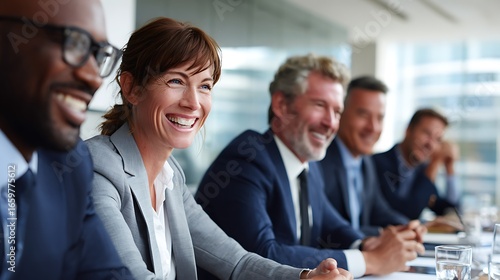 Business meeting diverse team laughing successful teamwork collaboration corporate conference happy workers 100