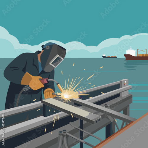Skilled male welder in dark uniform and protective helmet performing bright arc welding.