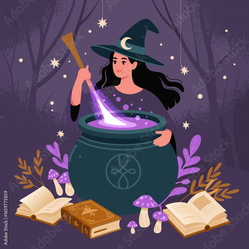 Smiling young witch in a pointy hat with a crescent moon stirring a glowing purple potion.