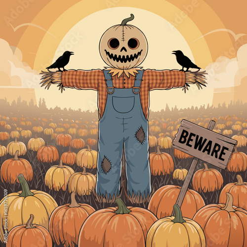 Spooky Pumpkin Scarecrow with Crows in a Vast Pumpkin Patch.