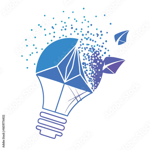 Blue lightbulb dissolving into particles and geometric shapes idea innovation