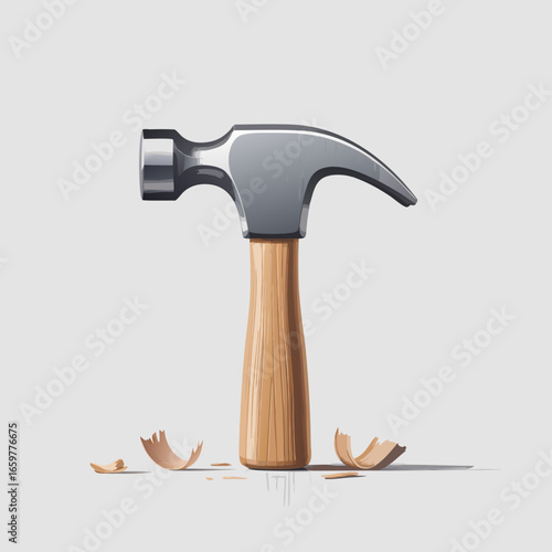Stylized Hammer Illustration with Wooden Handle and Wood Shavings.