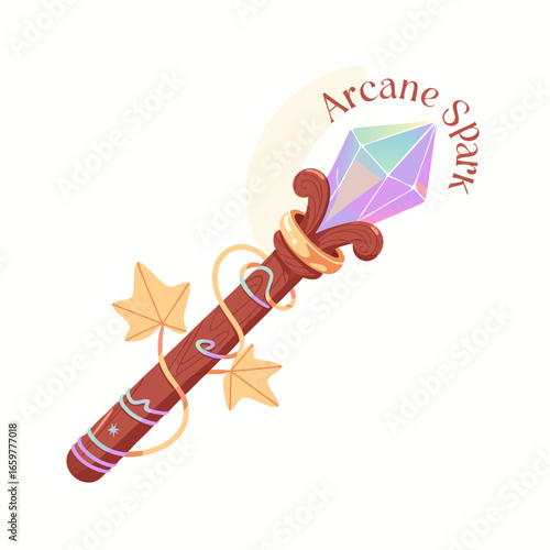 Stylized Wooden Magic Wand with Gem Leaves and Gold Accents.