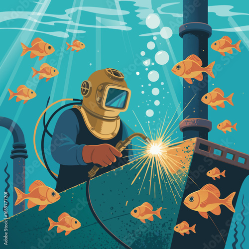 Underwater Welder in Diving Suit Repairing Submerged Structure.