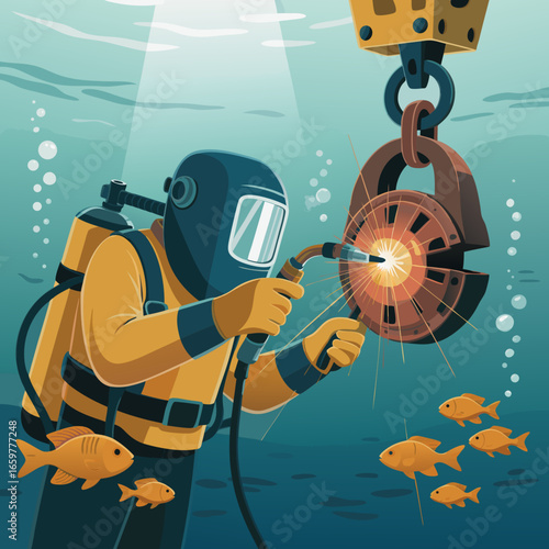 Underwater Welder in Yellow Suit Repairs Heavy Machinery with Sparks Flying.