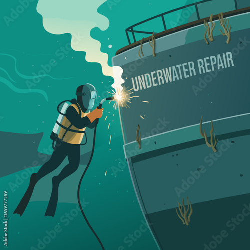 Underwater Welder Repairing a Ships Hull with Sparks.