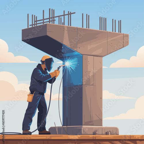 Vector illustration of a welder in full protective gear creating bright sparks on a concrete construction pillar.