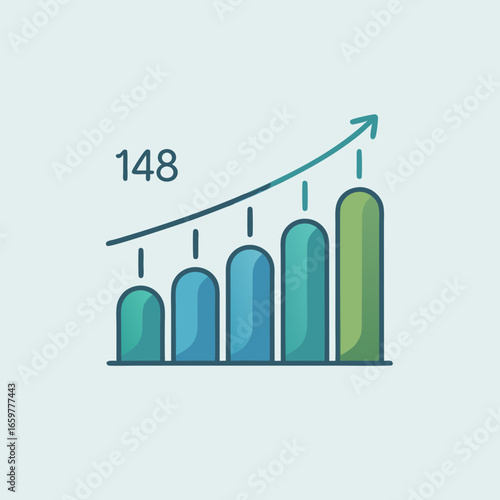 Upward Trend Bar Chart with Number 148 and Arrow.