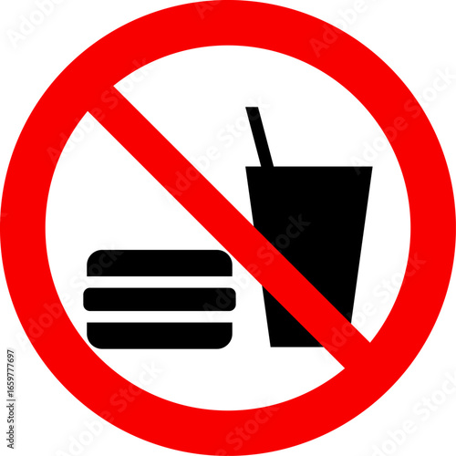 No eating and drinking prohibition sign with red circle and diagonal line over burger and drink icon, safety regulation vector illustration