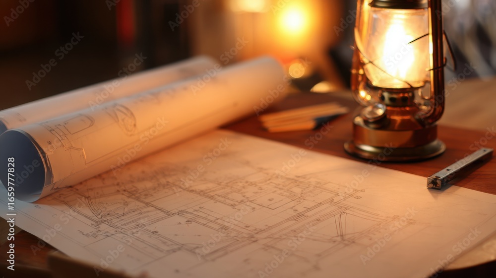 custom made wallpaper toronto digitalArchitectural blueprints and drafting tools on a wooden desk, evoking a professional construction workspace.