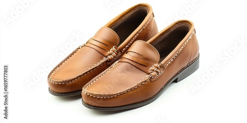 Wallpaper Mural A pair of brown leather loafers sits on a white surface. The shoes have a classic design with a toe cap, a grosgrain strap across the vamp, and a stacked leather heel Torontodigital.ca