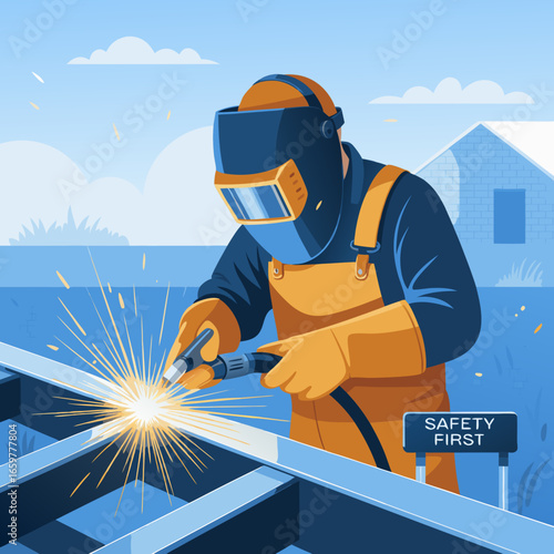 Welder in Protective Gear Performing Metal Welding.
