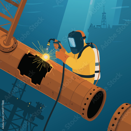 Welder in Protective Gear Working on Metal Pipe with Sparks.