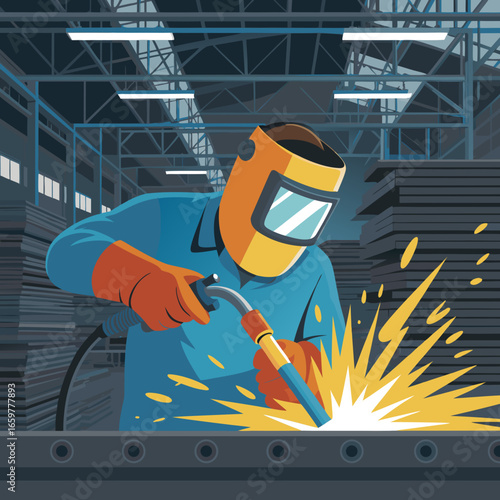 Welder with Orange Mask and Blue Uniform Welding Metal with Sparks.