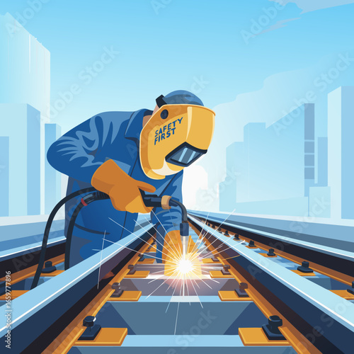 Welder in Safety Gear Performing Rail Welding.