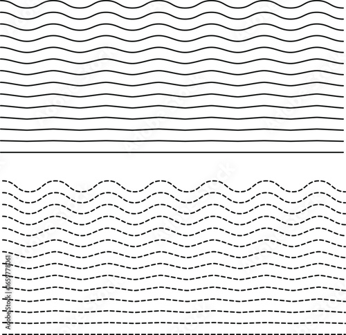 Wavy dashed line divider . Black straight dashed line set. Dotted divider design element collection. Dotted stroke pack for underline, emphasis, highlight. Repeated Vector Illustration