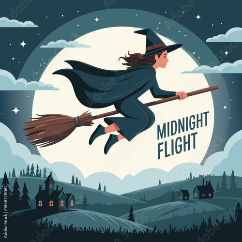 Young witch with flowing brown hair and a dark cape flying sideways on a magical wooden broomstick.