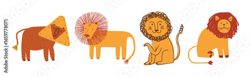 Funny Lion with Pretty Muzzle and Mane Vector Set