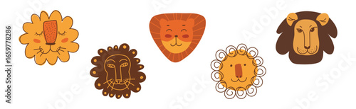 Funny Lion with Pretty Muzzle and Mane Vector Set