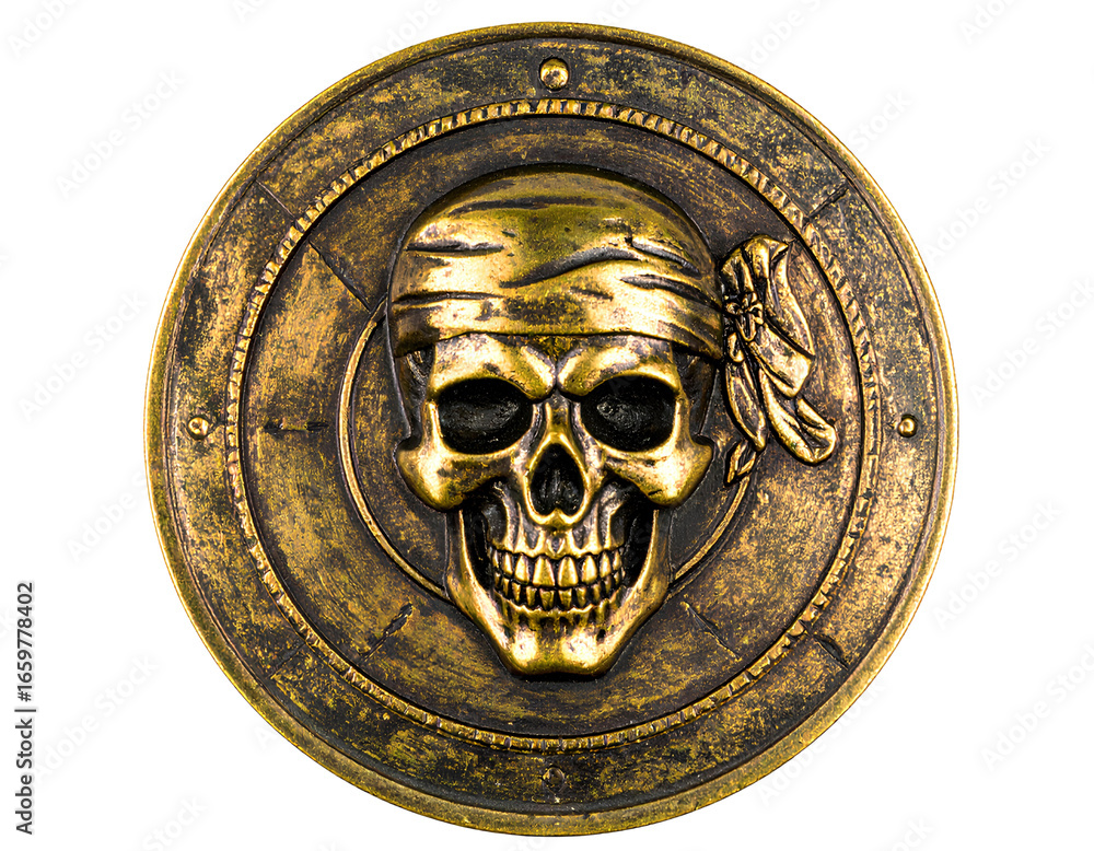 Naklejka premium Old pirate bronze medallion coin with a skull in the middle isolated on transparent background.