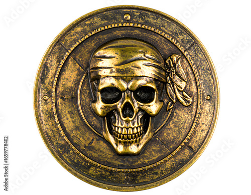 Old pirate bronze medallion coin with a skull in the middle isolated on transparent background.