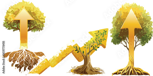 A golden arrow sprouting like a tree from the ground, surrounded by sunlight, symbolizing sustainable growth, prosperity, and success in business.