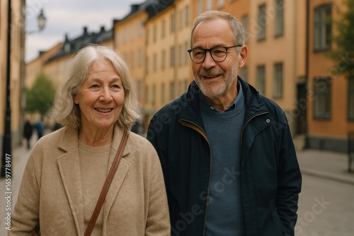 Happy senior couple walking outdoors.