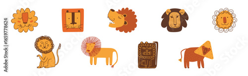 Funny Lion with Pretty Muzzle and Mane Vector Set