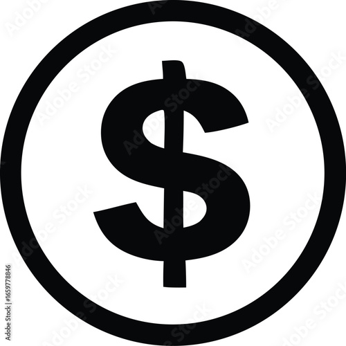 Bold black dollar sign emblem inside a circular border representing finance and wealth iconic symbol for currency and monetary value