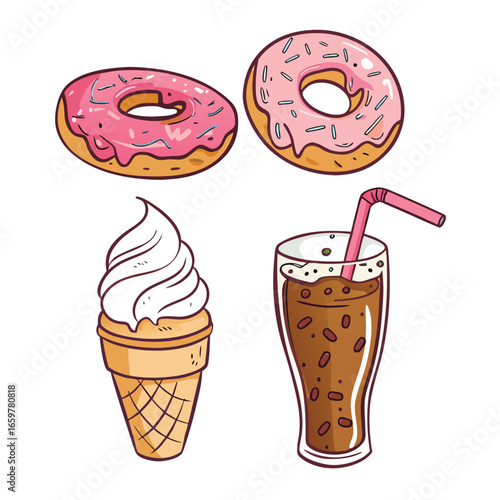 Pink iced donuts soft serve ice cream and iced coffee drink icing sprinkles