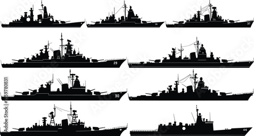 Naval warship silhouettes, military ship vector icons, navy vessel illustrations, battleship design art, maritime defense graphics, armed forces fleet symbols, ocean combat craft