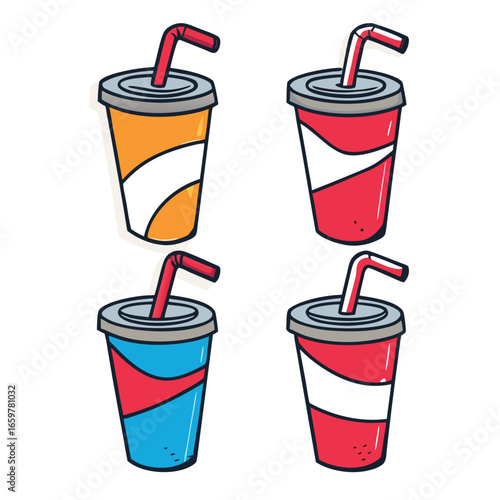 Four colorful drinks with straws beverages cups