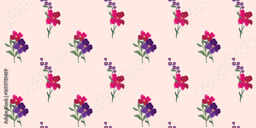 Seamless floral pattern, elegant natural ornament of small hand drawn bouquets. Stylish botanical design tile of isolated bunches of wildflowers with burgundy, purple buds. Vector illustration.