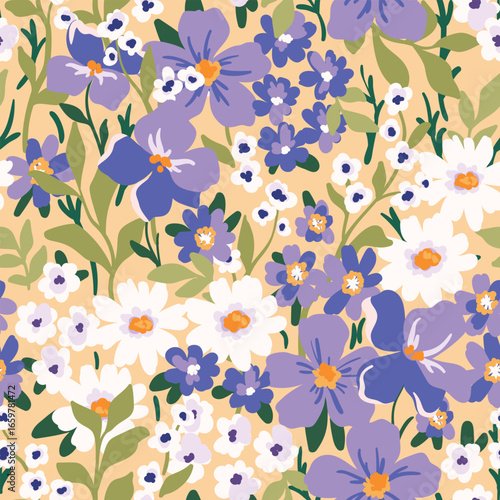 Seamless floral pattern, artistic ditsy print with delicate blooming meadow. Cute botanical design of small hand drawn flowers, simple wild plants, leaves abstract on yellow field. Vector illustration