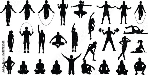 Silhouette people exercising, fitness activities, jumping rope, lifting weights, yoga poses, stretching, workout routine, vector design, healthy lifestyle, black outlines