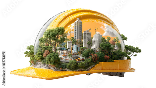 Green eco city protected under dome, futuristic urban landscape with trees, clean environment, and sustainable energy. Png Transparent Background