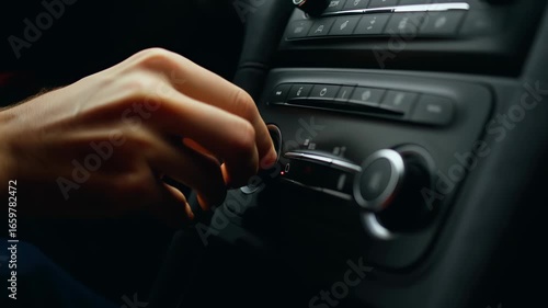 Close up view of a businessmans hand adjusting the volume control knob on a sophisticated car stereo system, savoring the music while navigating through his daily commute
