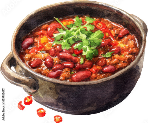 Hearty bowl of delicious red bean chili garnished with fresh green cilantro for a savory meal Watercolor PNG