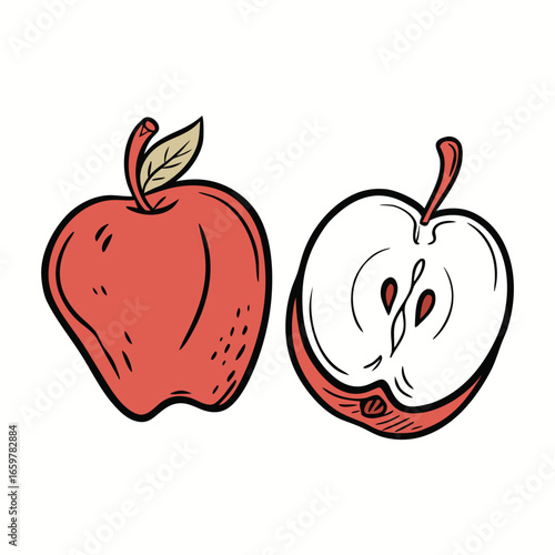 Red apple whole and halved with leaf fruit food