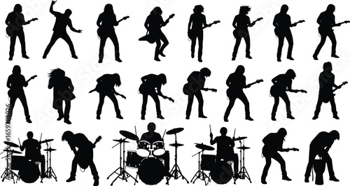 Silhouettes of guitarists and drummers, live music performance, rock band concert, energetic musicians on stage, musical instruments, black outline figures, white background
