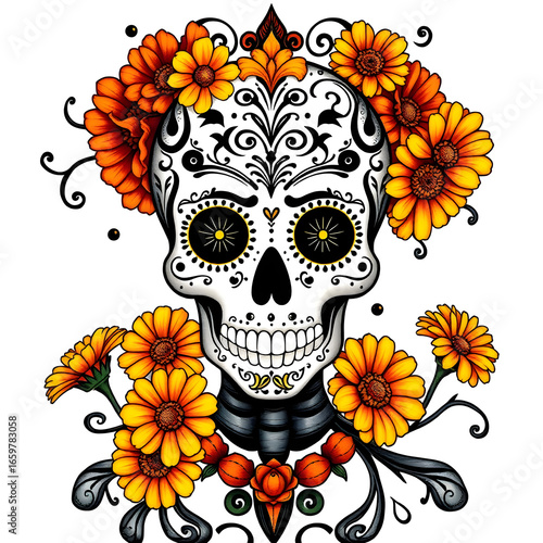 Intricate Catrina skull with delicate swirling pa