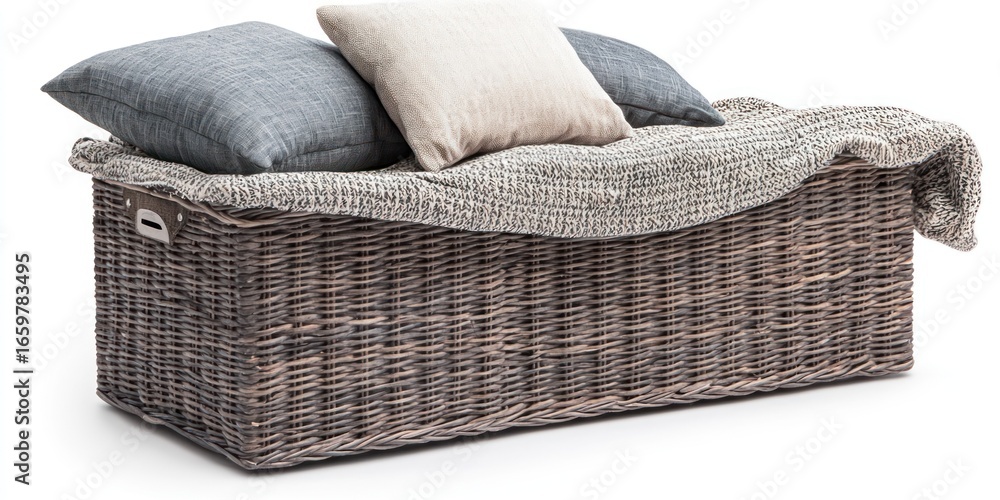 Obraz premium A large, woven wicker storage bench is positioned against a white background. It is filled with a thick, gray blanket, a blue and gray plaid pillow, and a beige linen pillow.