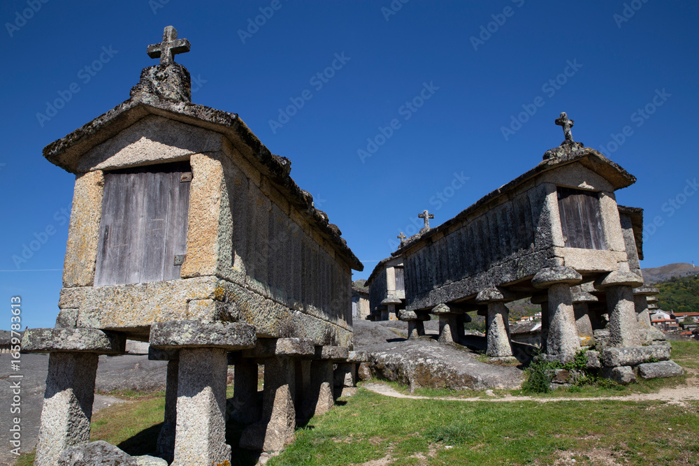 Fototapeta premium Hórreos de Espigueiros, in Portugal, the largest complex on the Iberian Peninsula