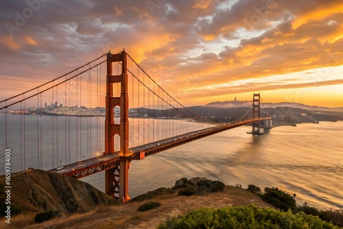 Gorgeous view of the Golden Gate Bridge in San Francisco, Busy traffic highway, and Highway stock view of an airplane
