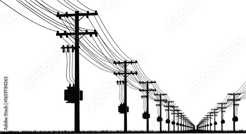 Utility power poles, electrical distribution lines, energy grid infrastructure, vector electricity pole design, industrial power network art, high voltage utility illustration, engineering icons set