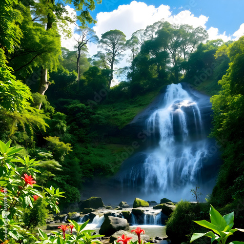 Long shot of the majestic La Pad waterfalls in th